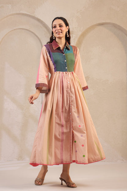 Pastel Panelled Cotton Dress with Checkered Yoke and Hand-Embroidered Motifs – Women’s Full Sleeve Casual Wear