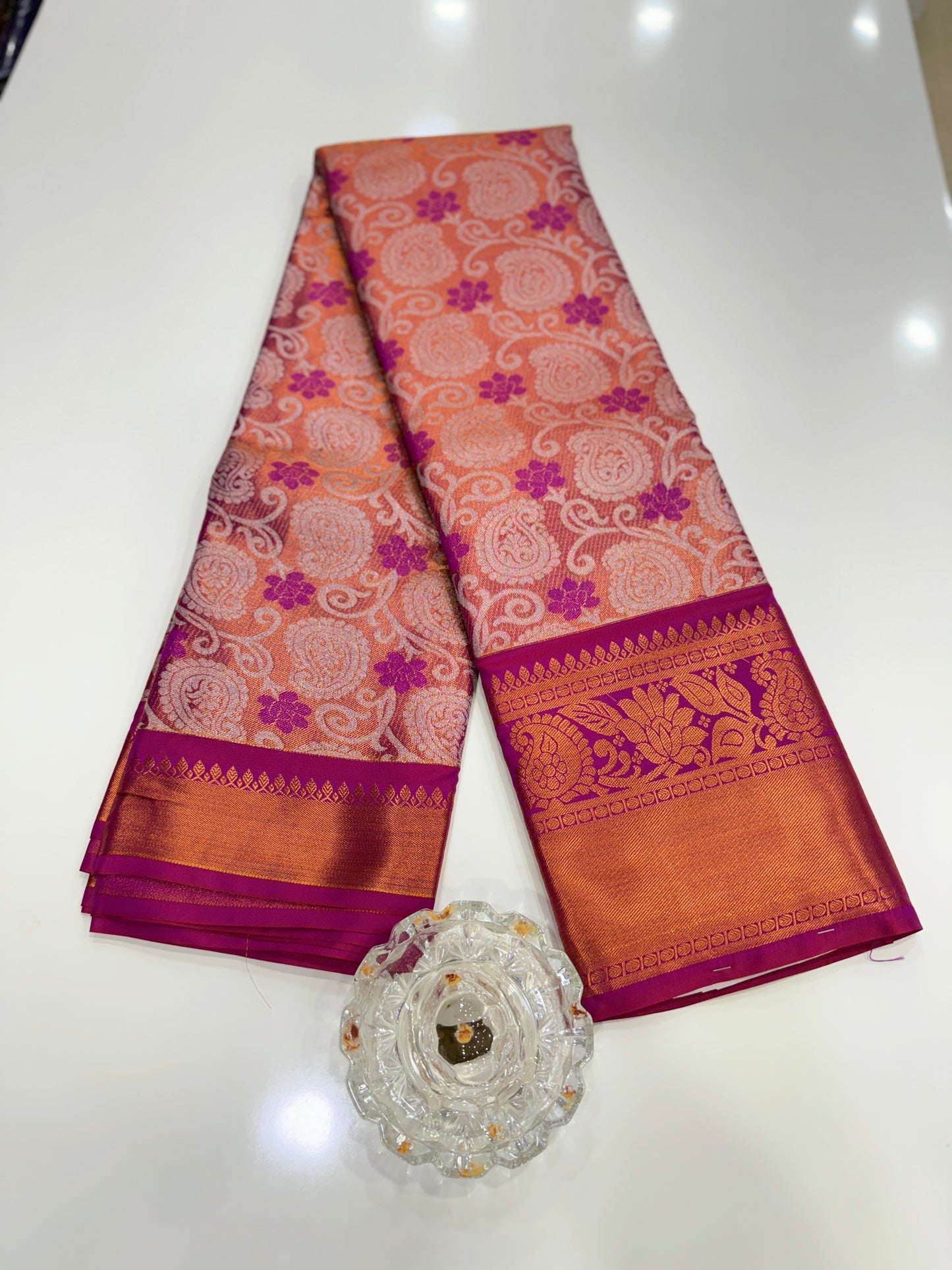 Bridal tissue saree for women with woven zari work and contrast border, kanchipuram style powerloom saree with blouse fabric