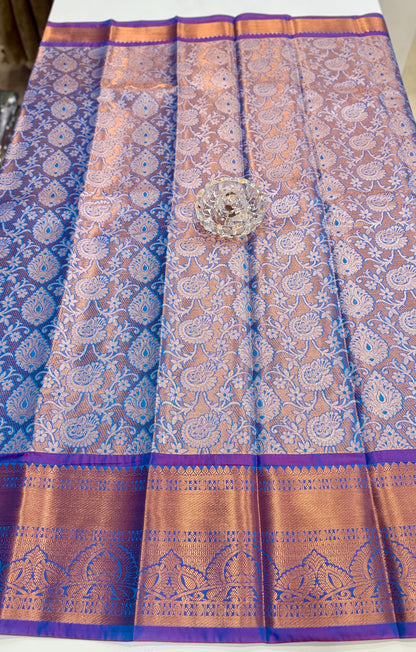 Bridal tissue saree for women with woven zari work and contrast border, kanchipuram style powerloom saree with blouse fabric