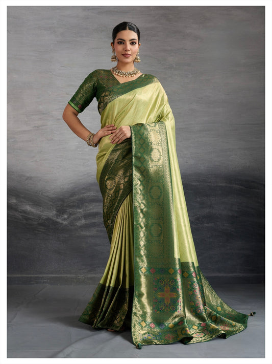 Kanjivaram Soft Silk Saree with Double Zari Kadiyal Border, Meenakari Pallu and Brocade Blouse