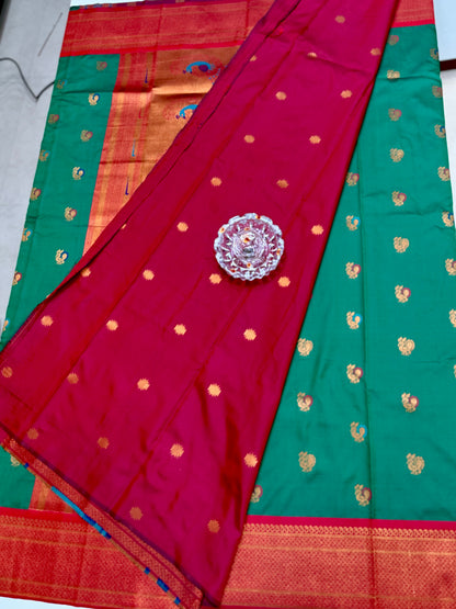 Paithani Soft Silk Saree with Zari Weaving and Contrast Blouse