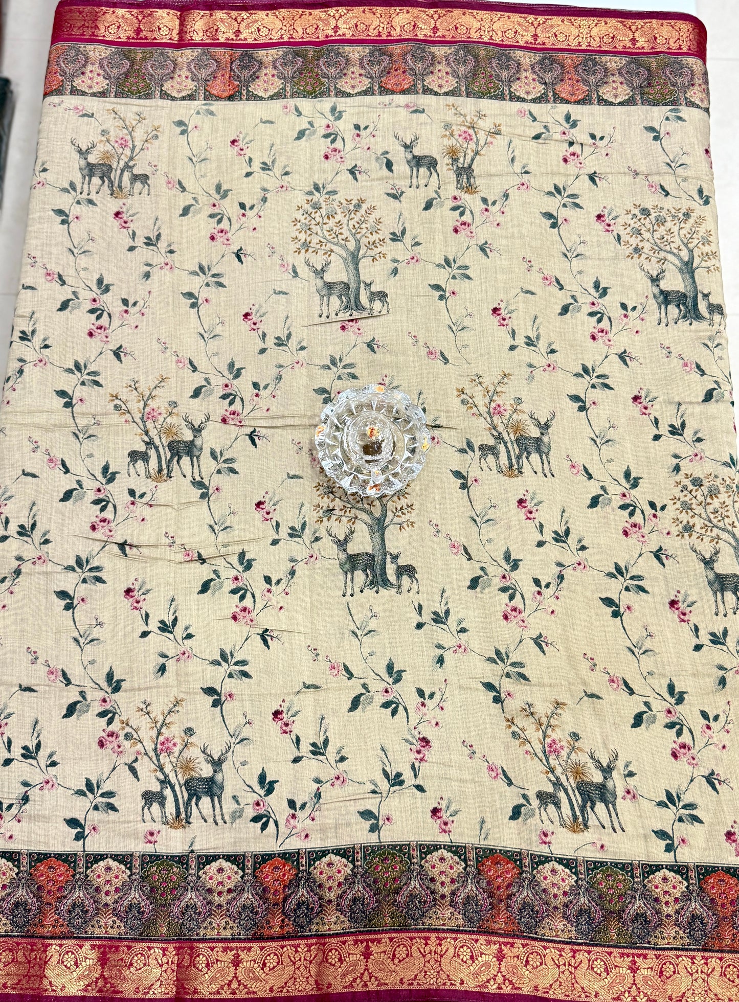 Chennuri silk style printed saree with traditional artwork border and unstitched blouse fabric for women