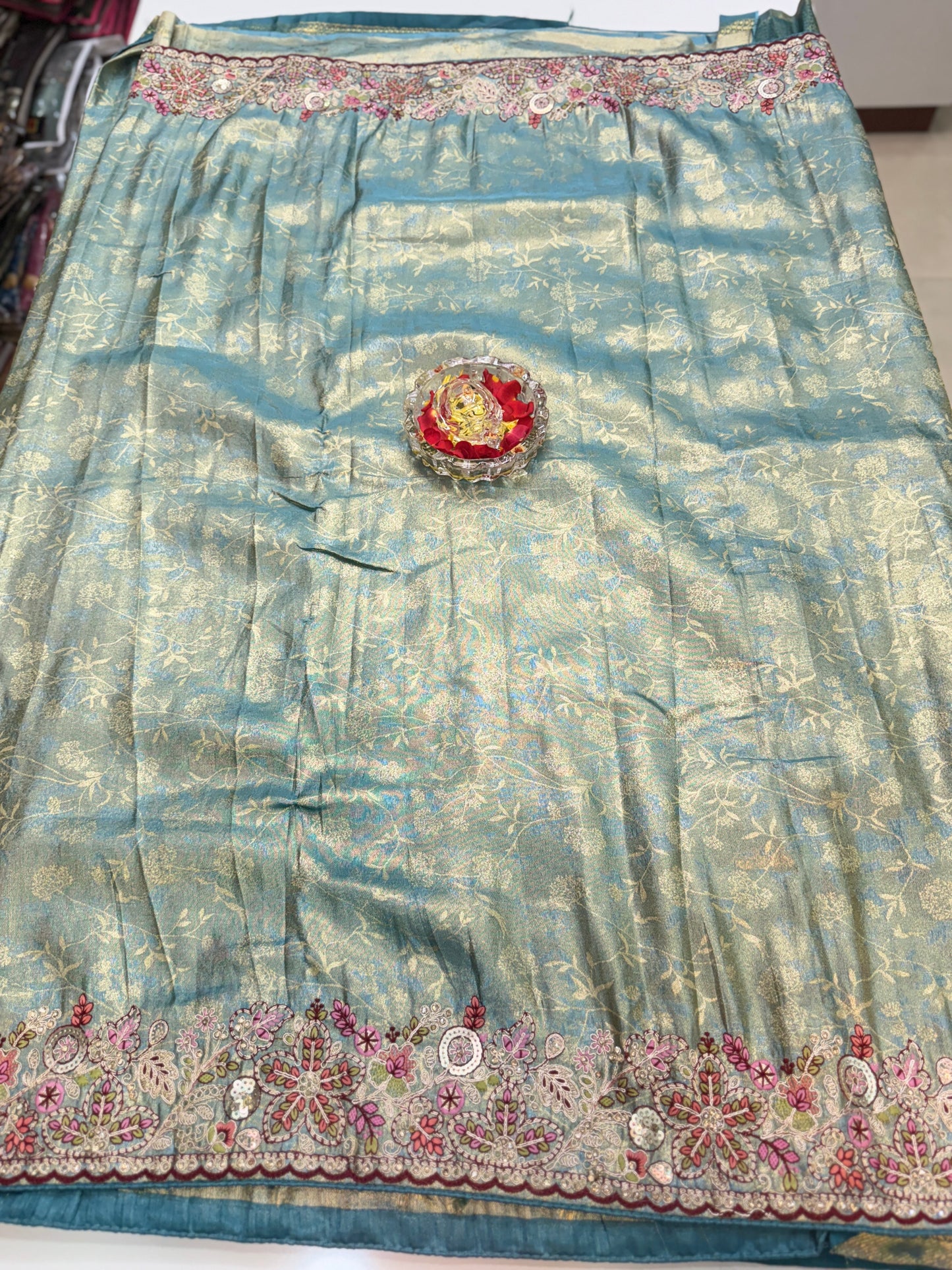 Tissue Silk Saree with Embroidery, Sequin, and Mirror Work Border – Festive Saree for Women