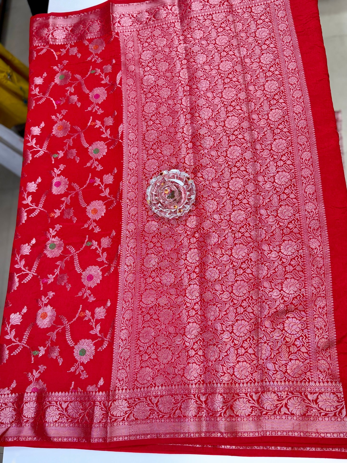 Banarasi Semi Dupion Silk Saree with Jaal Meenakari Design and Gold Zari Weaving Blouse Piece