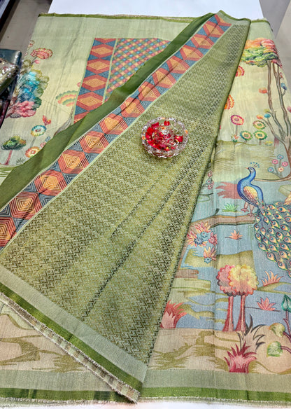 Pure Ziraf Silk Peacock Print Saree with Colorful Nature Motifs and Geometric Border – Soft Silk Printed Saree for Women