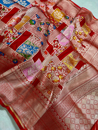 Banarasi Tilfi Katan Silk Saree with Zari Weaving and Multicolor Motifs – Silk Mark Certified