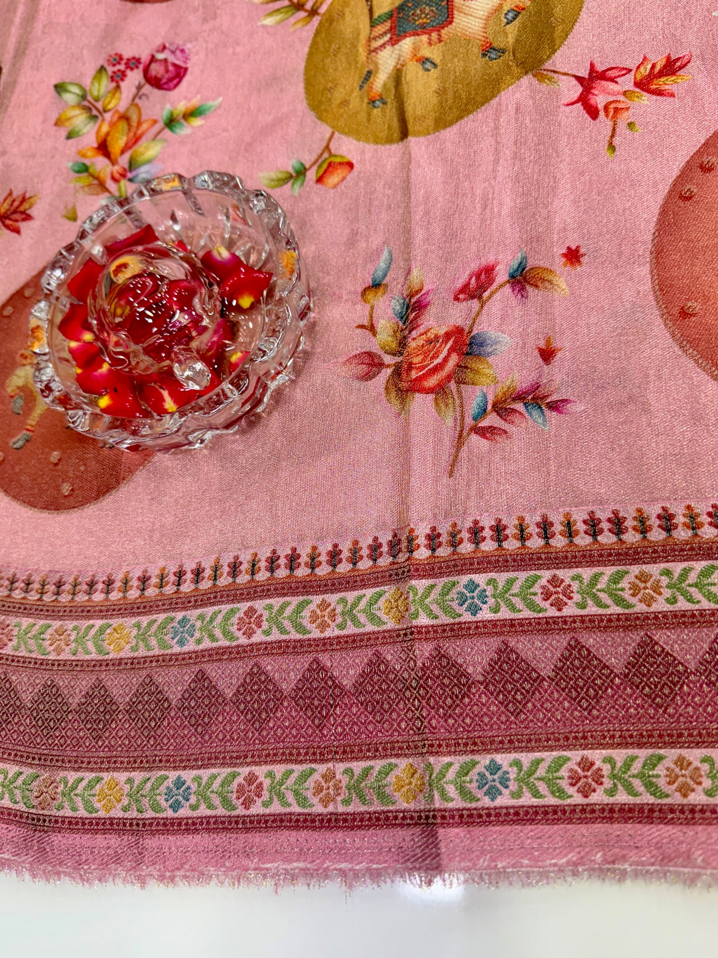 Pure Ziraf Silk Printed Saree with Elephant and Floral Motifs – Lightweight Soft Silk Saree for Women