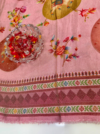 Pure Ziraf Silk Printed Saree with Elephant and Floral Motifs – Lightweight Soft Silk Saree for Women