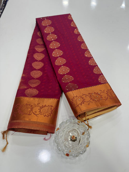 Soft Silk Saree with Cutwork and Stone Embellishments for Women