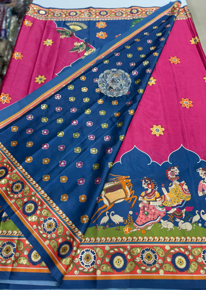 Japan satin saree for women with position print pallu and blouse, soft satin printed saree for festive and casual wear