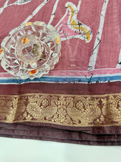 Chennuri silk style printed saree with traditional artwork border and unstitched blouse fabric for women