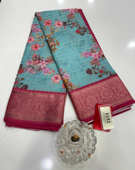 Printed handloom georgette saree for women with woven border and floral design