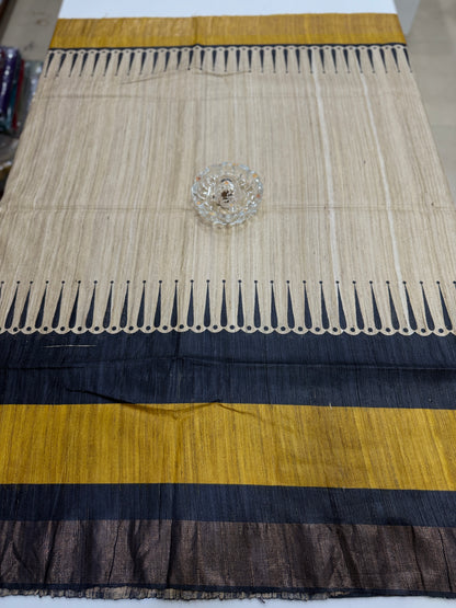 Pure Tussar Ghicha Silk Saree with Zari Border and Printed Design – Silk Mark Certified Handloom Saree