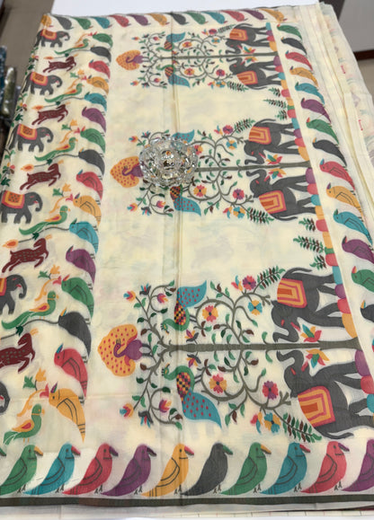 Soft silk printed saree with multicolour ethnic motifs and contrast blouse piece