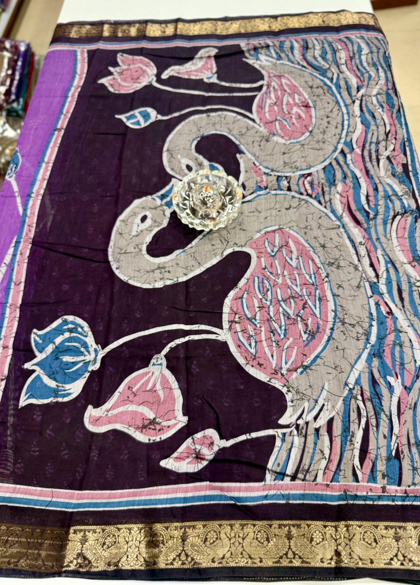 Chennuri silk style printed saree with traditional artwork border and unstitched blouse fabric for women