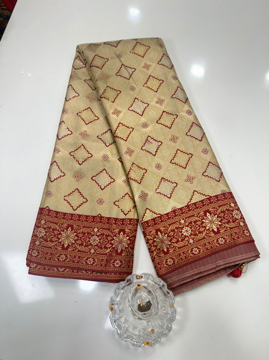 Kanjivaram Soft Silk Saree with Meenakari Weaving, Broad Pattu and Potli Tassels – Wedding Silk Saree for Women