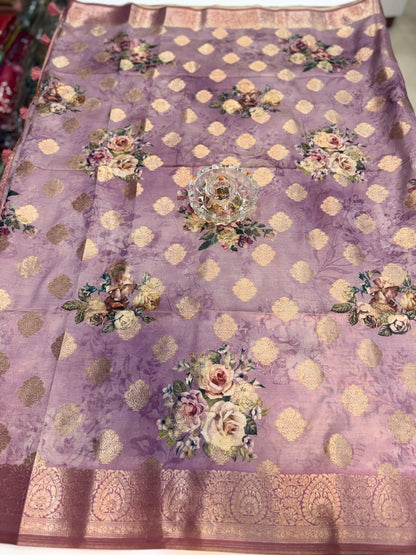 Bamboo Silk Floral Printed Saree with Rich Decorative Pallu, All Over Rich Butti Weaving