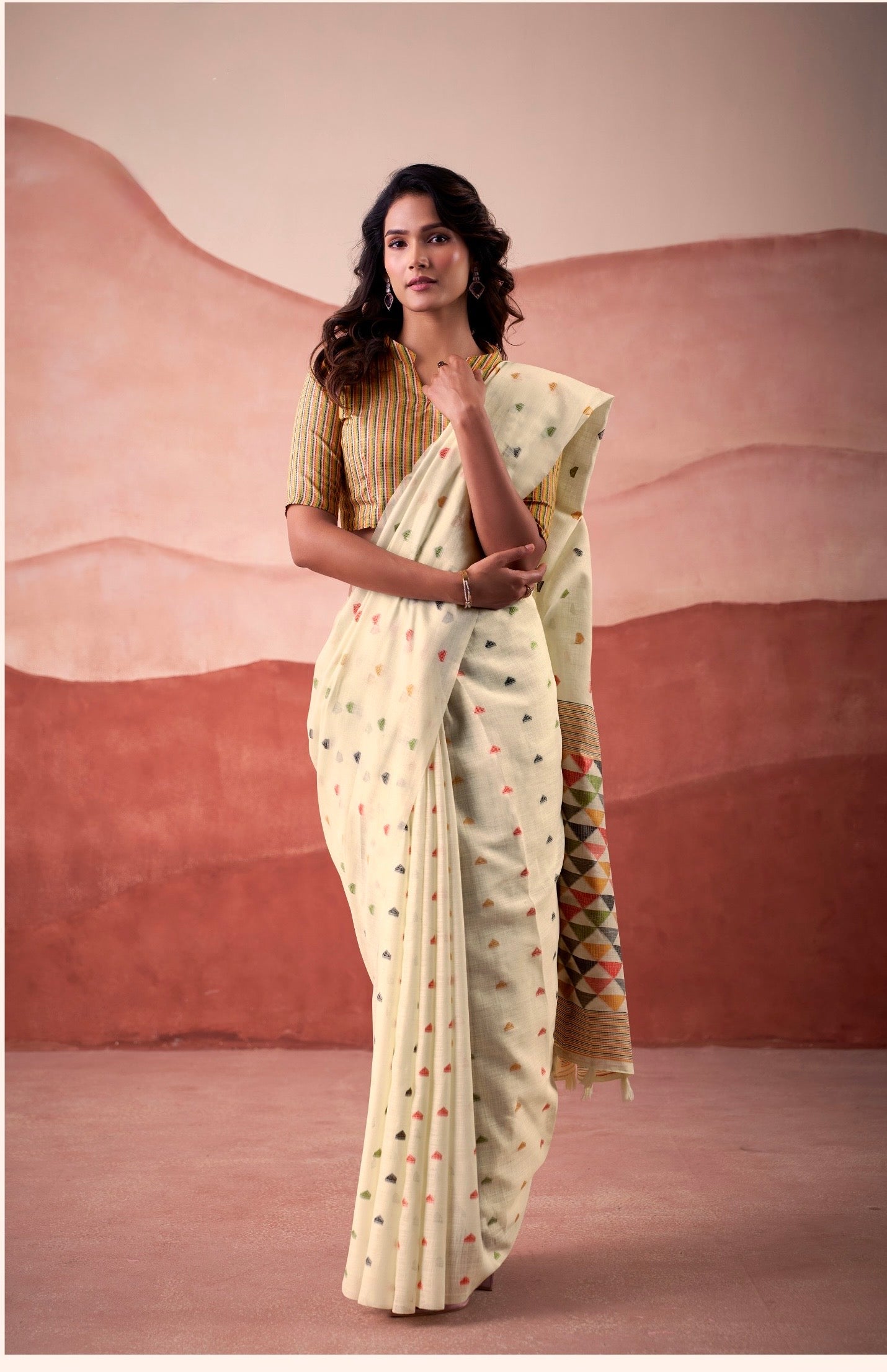linen silk printed saree with geometric pallu and multicolor motifs – ethnic wear for women