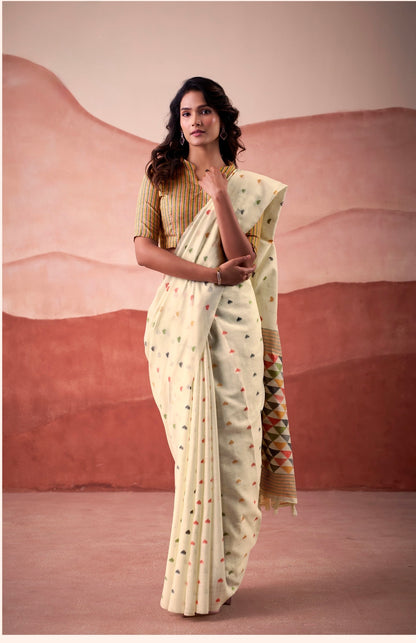 linen silk printed saree with geometric pallu and multicolor motifs – ethnic wear for women