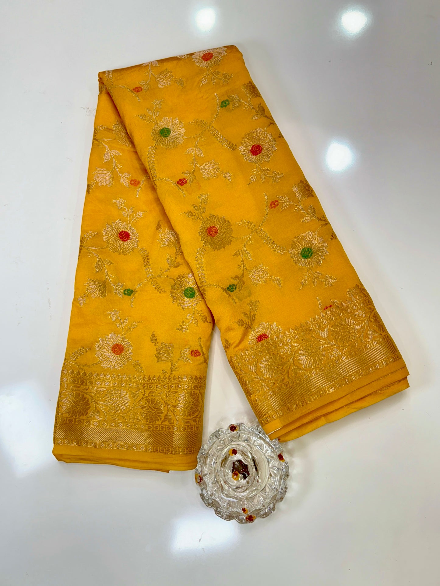 Banarasi Semi Dupion Silk Saree with Jaal Meenakari Design and Gold Zari Weaving Blouse Piece