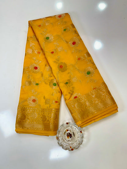 Banarasi Semi Dupion Silk Saree with Jaal Meenakari Design and Gold Zari Weaving Blouse Piece
