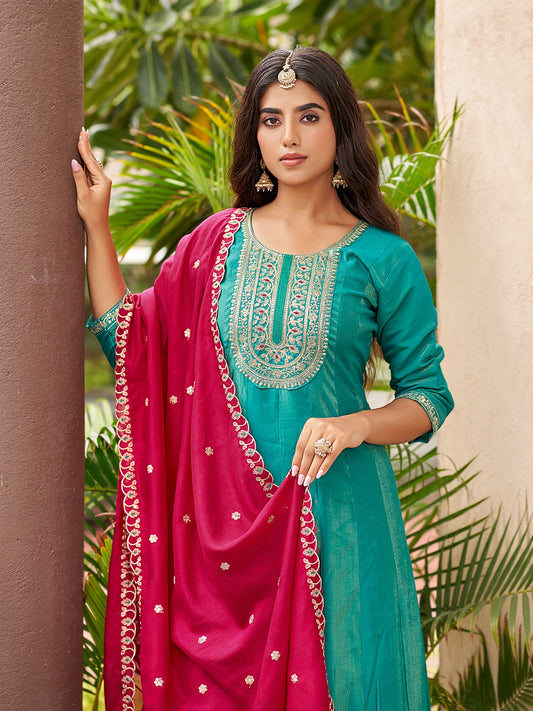 Plus Size Roman Shimmer Suit Set with Vichitra Dupatta – 3-Piece Ethnic Wear for Women (3XL, 5XL)