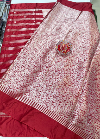 Banarasi Semi Katan Silk Saree with Meenakari Satin Border and Gold Zari Weaving – Traditional Festive Saree for Women