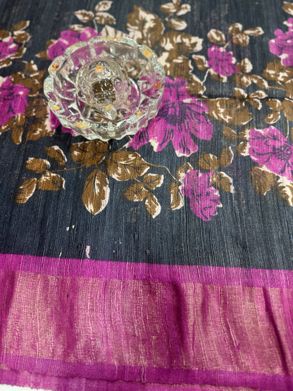 Pure Tussar Ghicha Silk Saree with Zari Border and Printed Design – Silk Mark Certified Handloom Saree