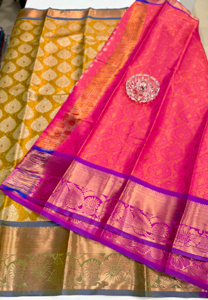 Bridal tissue saree for women with woven zari work and contrast border, kanchipuram style powerloom saree with blouse fabric