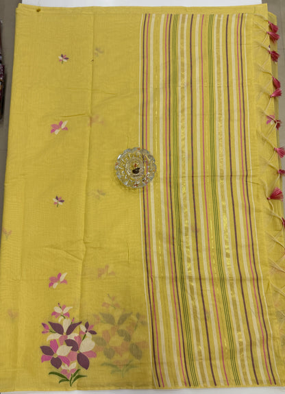 Yellow kora silk style viscose saree with woven floral motifs, tassel pallu and embroidered unstitched blouse fabric for women