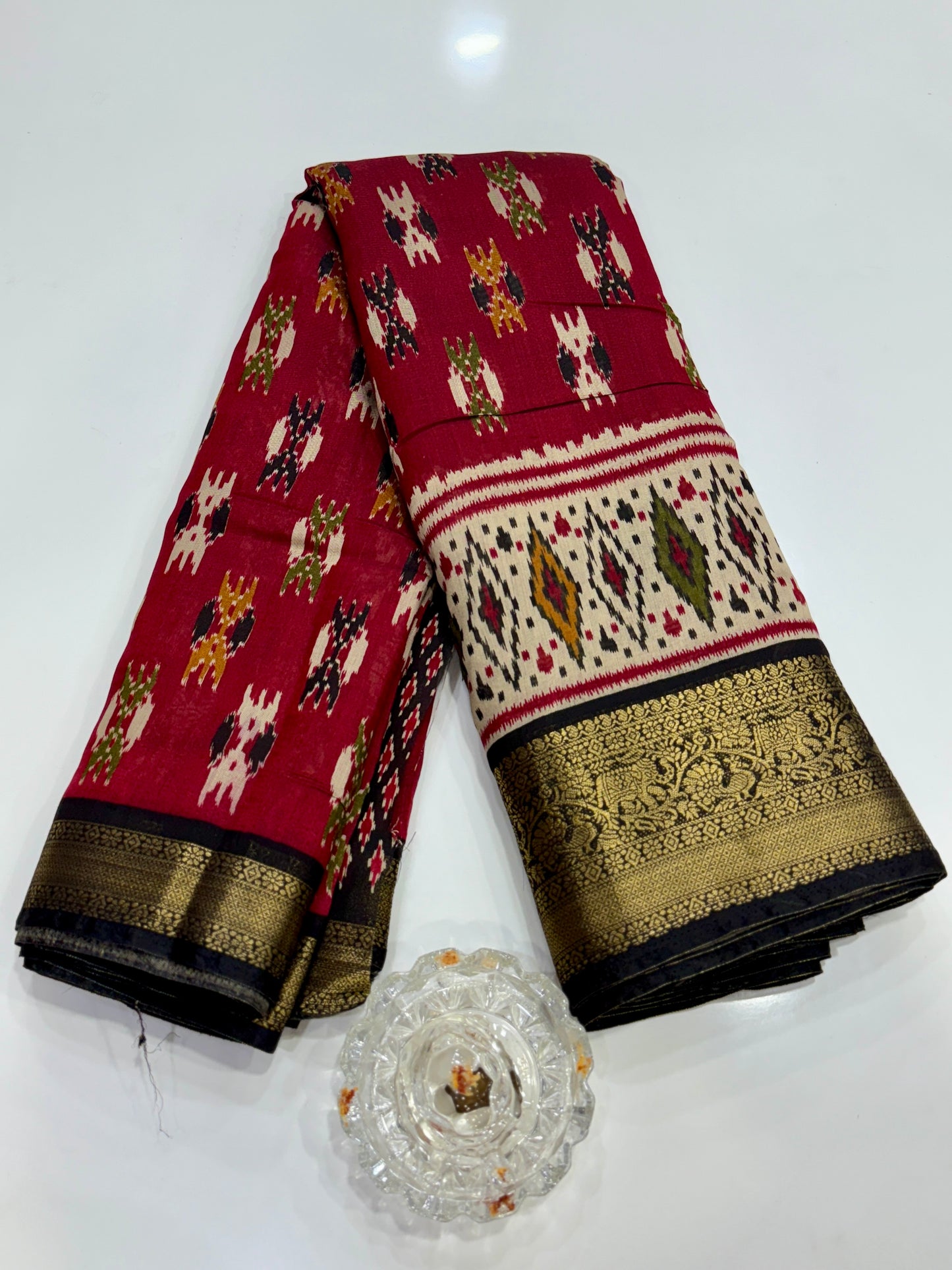 Semi Maheshwari Silk Saree with Zari Border & Ikat Style Weaving for Women