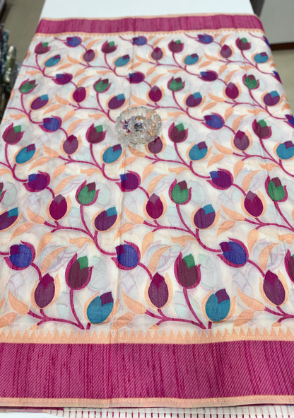 Soft silk floral printed saree with contrast blouse, lightweight festive wear saree for women