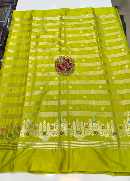 Banarasi Semi Katan Silk Saree with Meenakari Satin Border and Gold Zari Weaving – Traditional Festive Saree for Women