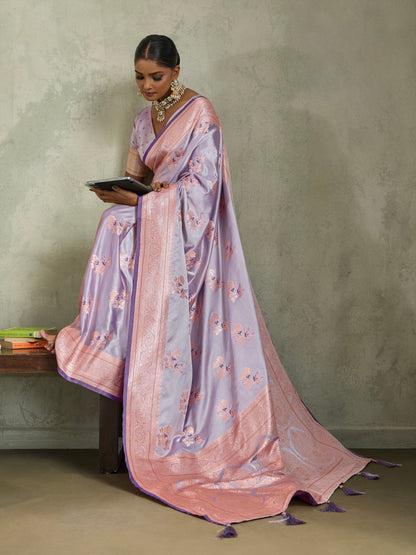Satin Silk Saree with Zari Weaving and Meenakari Pallu for Women