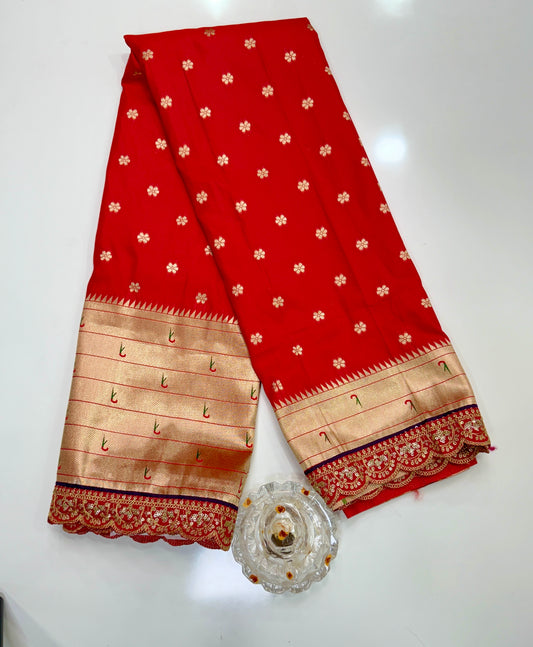 Paithani Lace Border Saree with Parrot Motifs and Contrast Blouse