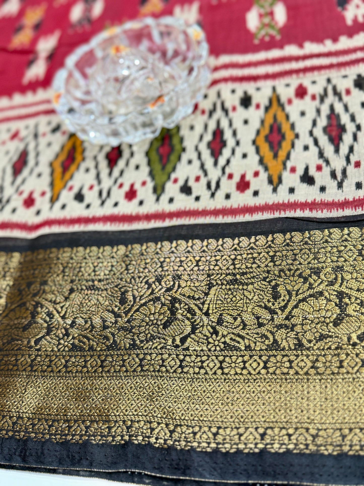 Semi Maheshwari Silk Saree with Zari Border & Ikat Style Weaving for Women