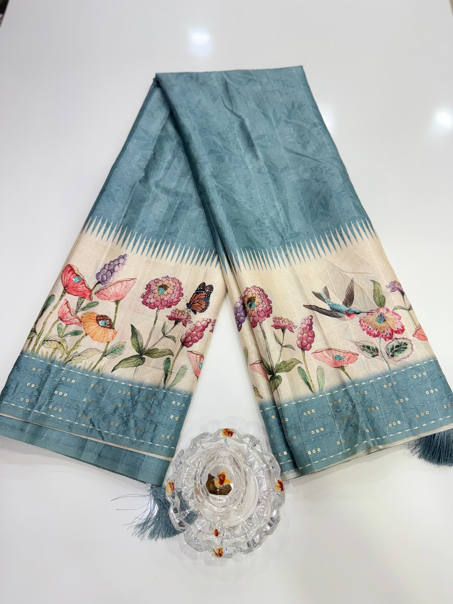 Tussar Fabric Saree with Katha Print Border, Mirror Work and Matching Blouse