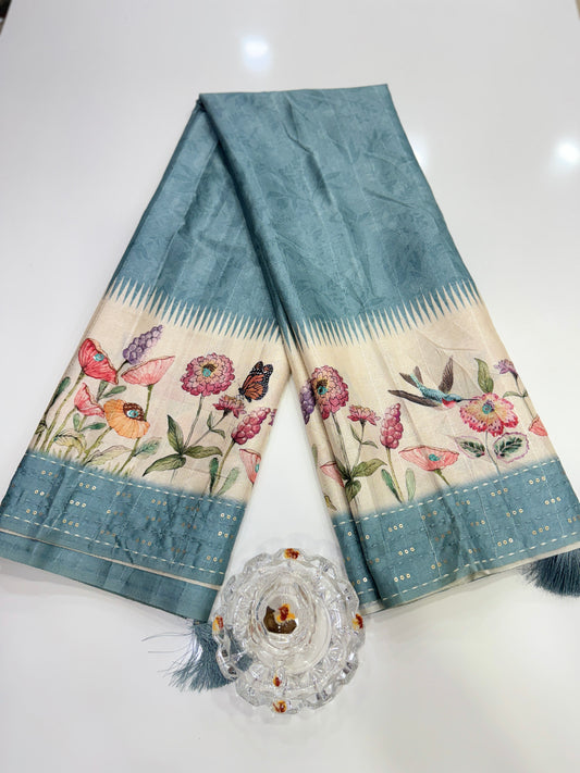 Tussar Fabric Saree with Katha Print Border, Mirror Work and Matching Blouse