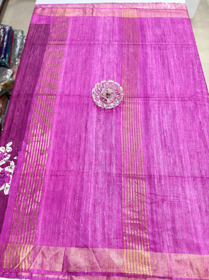 Pure Tussar Ghicha Silk Saree with Zari Border and Printed Design – Silk Mark Certified Handloom Saree