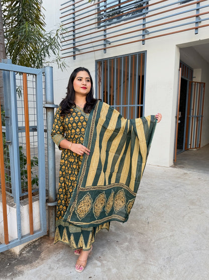 Bottle Green Cotton Anarkali Suit Set with Block Print and Dupatta – Women’s Festive Wear