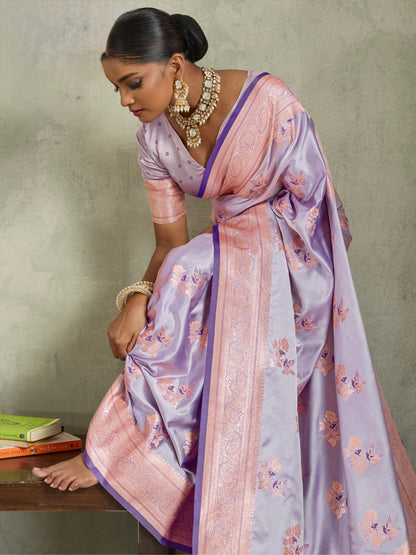 Satin Silk Saree with Zari Weaving and Meenakari Pallu for Women