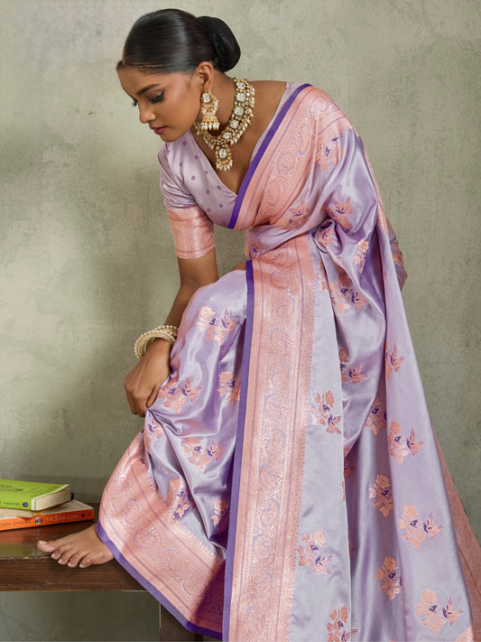 Satin Silk Saree with Zari Weaving and Meenakari Pallu for Women