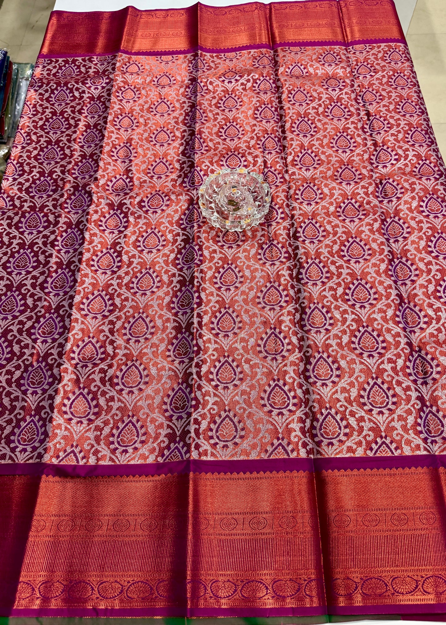 Bridal tissue saree for women with woven zari work and contrast border, kanchipuram style powerloom saree with blouse fabric