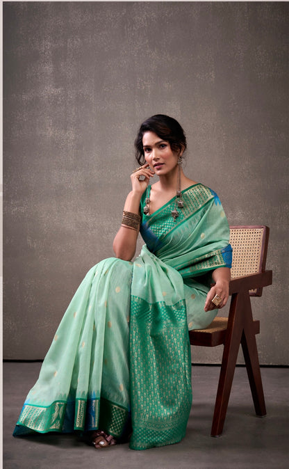 royal modal cotton saree with zari border and contrast blouse – festive ethnic wear for women