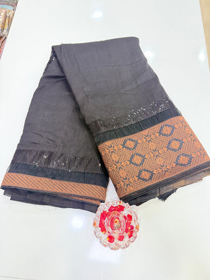 Black Silk Saree with Embroidery Lace Work, Patchwork and Art Silk Blouse