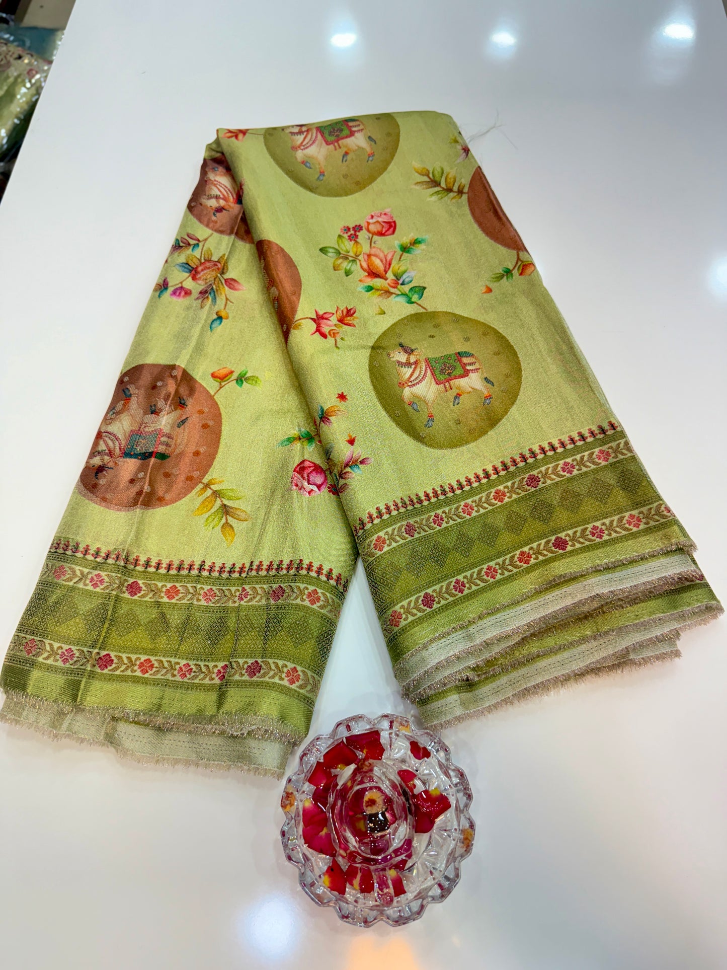 Pure Ziraf Silk Printed Saree with Elephant and Floral Motifs – Lightweight Soft Silk Saree for Women