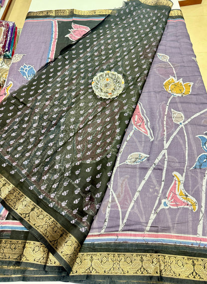 Chennuri silk style printed saree with traditional artwork border and unstitched blouse fabric for women