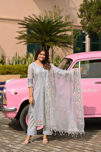 Kota Doria Embroidered Suit Set with Dupatta for Women – Light Grey, Kurta Pant Dupatta