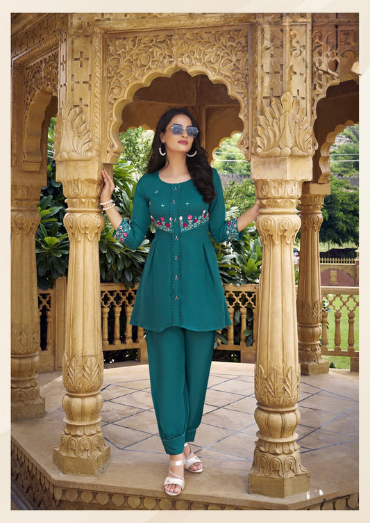 Viscose rayon co-ord set for women with short kurti and Afghani pant in thread and handwork – ethnic fusion wear