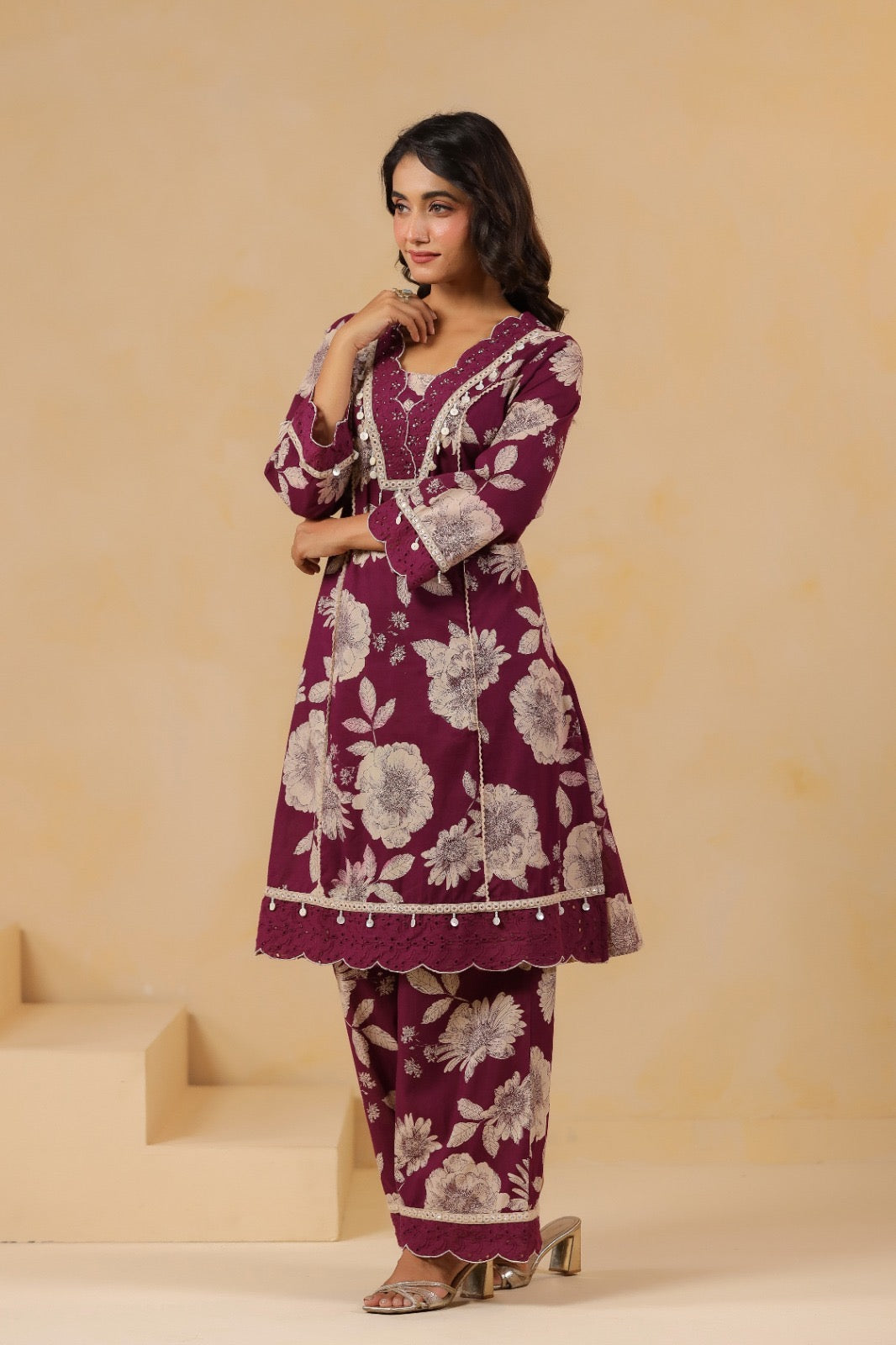 Pure Cotton Floral Printed Kurti Pant Set with Lace Detailing for Women – Wine Colour